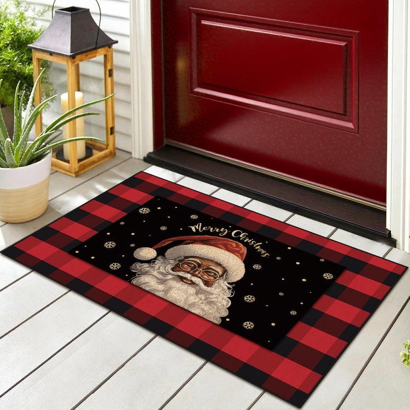 Fourluoo 2 Pcs Christmas Front Porch Rug Black Santa Christmas Door Mat Imitation Coco Coir Buffalo Plaid Xmas Welcome Layering Rug for Outdoor Winter Home Festival Holiday Decor, 28 x 43 Inch - Image 1